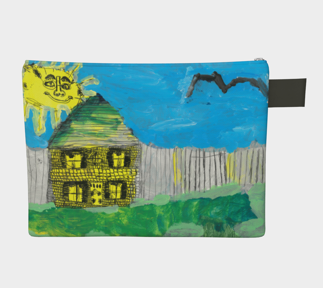 Zipper Pouch with leather pull tab. Image on the bag is two sided and is of a house, fence, sun, and bird.