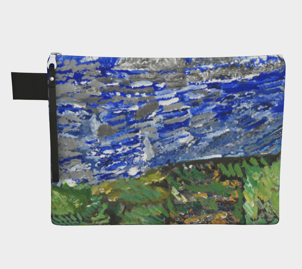 zipper pouch with an iage of Painting of a sky and ground. The sky takes up 2/3 of the painting, with a textured sky of blues, grays, and whites blended in small waves. The Earth underneath is mostly browns with strokes of grass