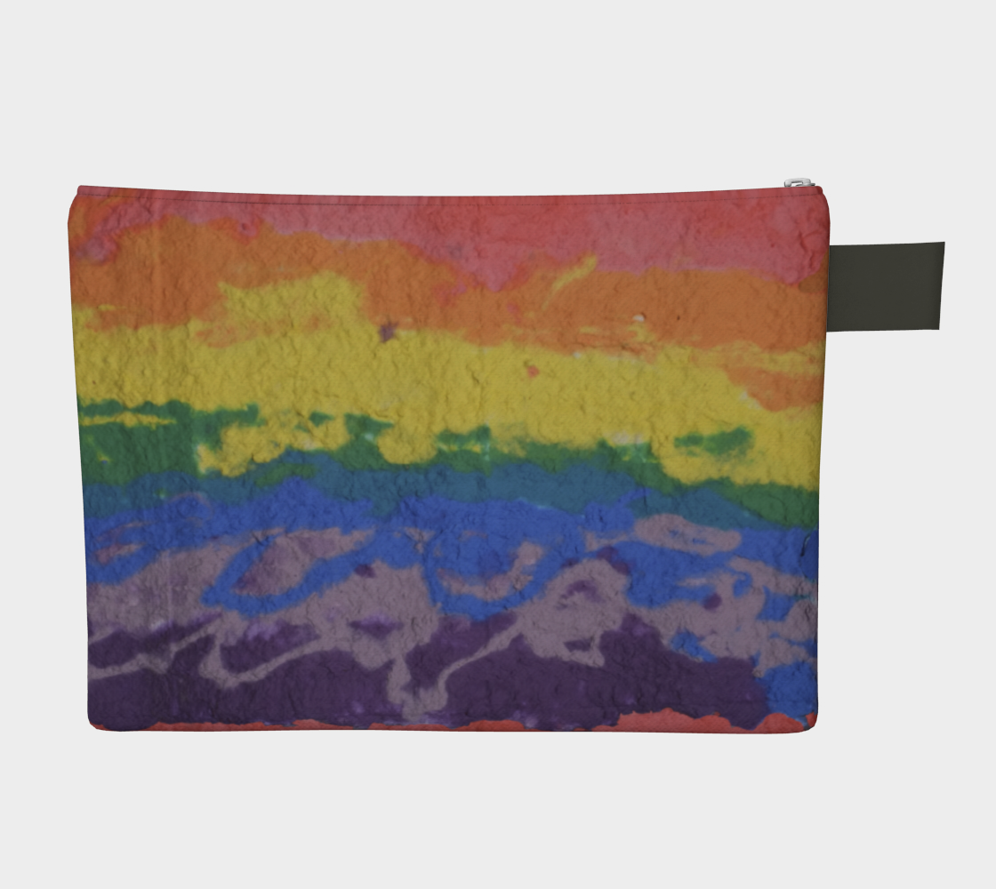 zipper pouch with an image of Highly textured handmade paper with horizontal lines of color (starting at the top) red, orange, yellow, green, blue, light purple, and dark purple.