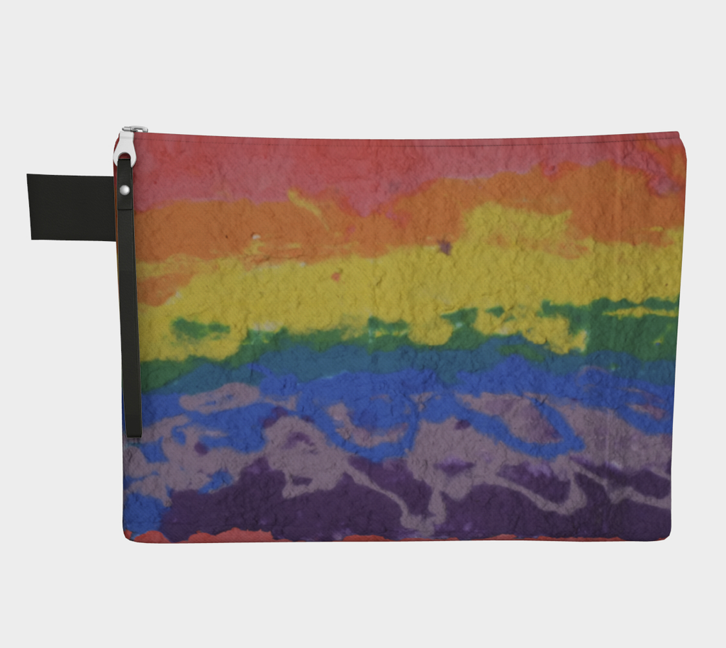 zipper pouch with an image of Highly textured handmade paper with horizontal lines of color (starting at the top) red, orange, yellow, green, blue, light purple, and dark purple.