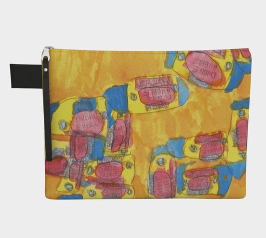 This is a carryall that has a yellow background and painted drawings of "dubble bubble" bubble gum. The zipper is silver with a black string