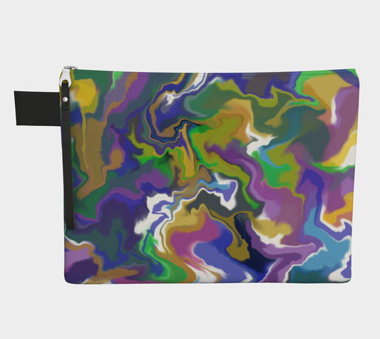 zipper carryall with This is an abstract piece with swirled colors - purple, blue, white, yellow, green, black.