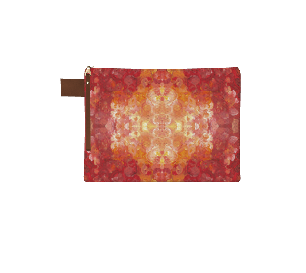 Carry all zipper pouch with brown leather pull string. The pattern is of white in the center and radiating outward shades of orange and red