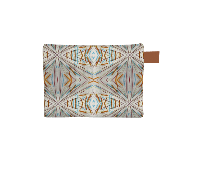 Small rectangular zippered coin pouch printed with repeating and mirrored pattern. Pattern comes from bowl with a clear piece of glass with lines radiating from the lower left corner outward. The colors of the lines are red, green, faint blue, with thicker lines of orange and light blue