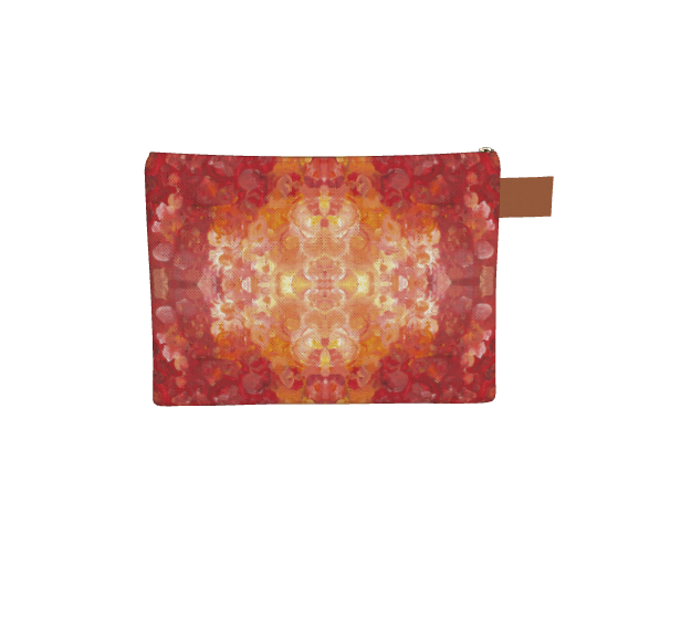 Carry all zipper pouch with brown leather pull string. The pattern is of white in the center and radiating outward shades of orange and red