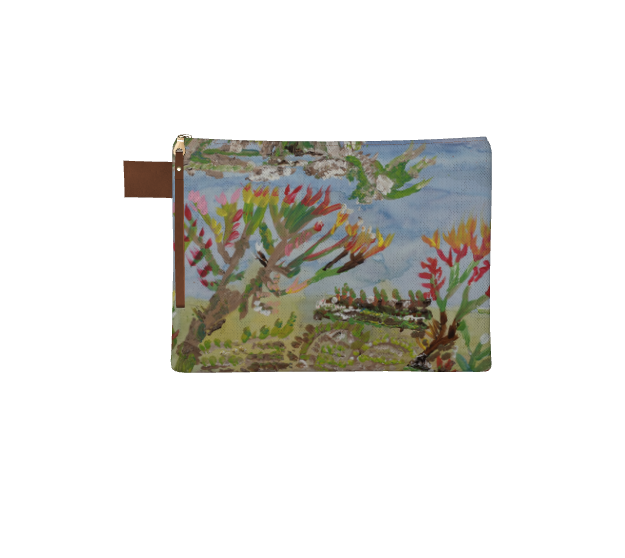 Carryall bag with wrist strap. Design of a water colored background of washes of blues in the sky and greens for the grass. Painted on top of the wash is a highly textured paint depicting grass, trees, and brush. There are two trees in the center of the painting, the branches start from the trunk being brown, going outward turns to green then red, then yellow sprouts