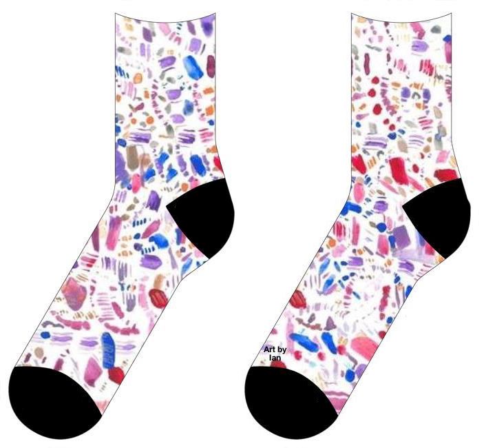 On socks A field of small brushstrokes that vary in widths, lengths, and densities. The brush strokes are mostly shades of red, purple, and blue and are applied in a translucent matter. On the right, bottom, and left borders, there are larger lines on the edges as well as some rectangles. 