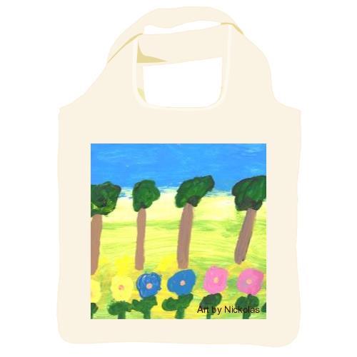 This is a reusable shopper with the following paintings: This is a painting of a blue and yellow sky background and four trees. There are 7 blue, yellow and pink flowers at the bottom.