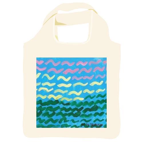 This is a reusable shopper with the following painting: This is a painting with a blue background and green, yellow and pink horizontal squiggles.