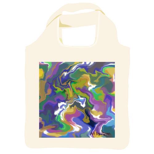 This is a reusable shopper with the following piece: This is an abstract piece with swirled colors - purple, blue, white, yellow, green, black.