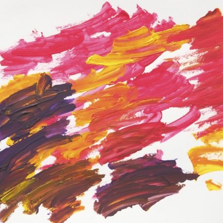 Acrylic on paper artwork with a mostly white background with red, yellow, and purple paint strokes slanted across 