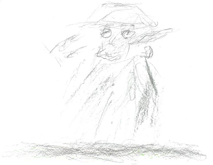 Graphite drawing of a person with a hat and coat standing. The facial features are drawn darker and finer than the shaded outlines. There are faint buttons drawn going down the torso of the person