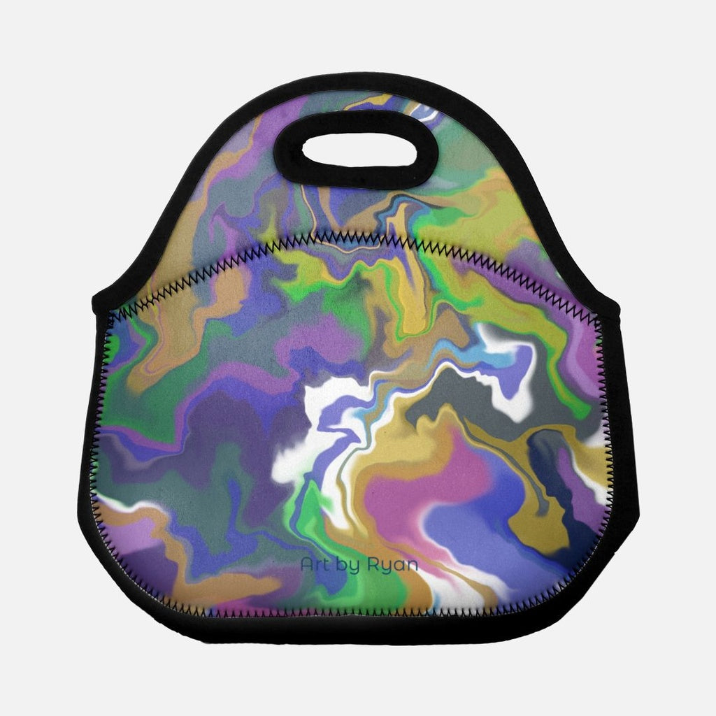 A lunch bag with the following piece: This is an abstract piece with swirled colors - purple, blue, white, yellow, green, black.. It says Art by Ryan