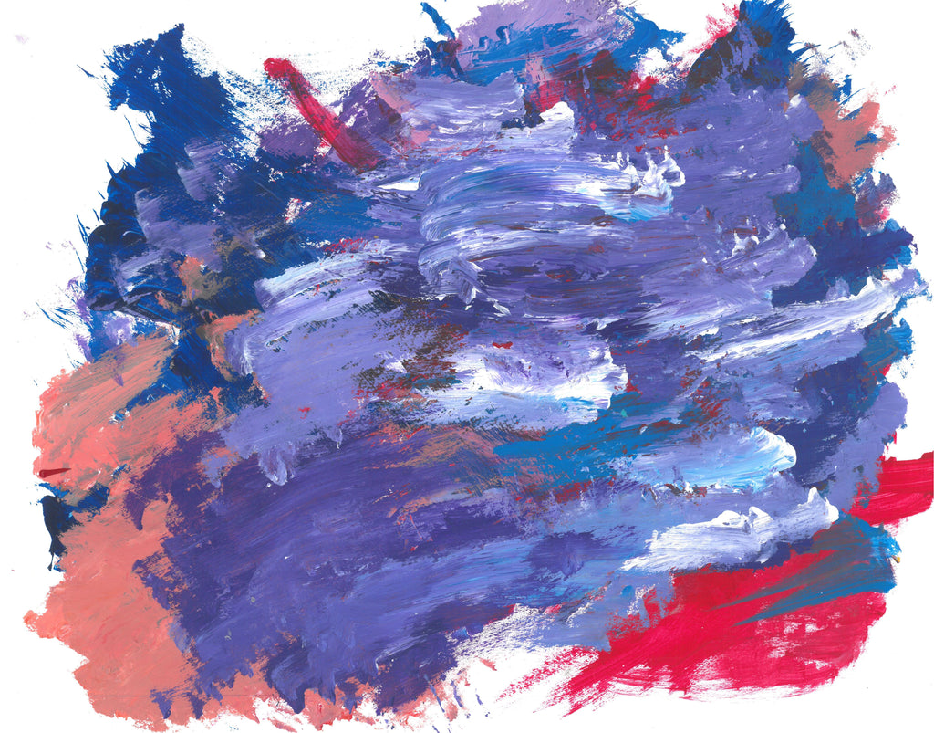 Abstract painting with short horizontal brushstrokes of all shades of purple. In the background seeping through gaps and edges of the purple strokes are sections of blue, red, and coral color.