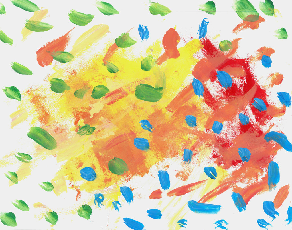 This is a painting with a white background, and red yellow and orange blotches in the middle. There are green and blue short finger marks covering the page