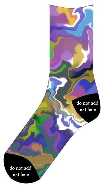 Socks with the following piece: This is an abstract piece with swirled colors - purple, blue, white, yellow, green, black.