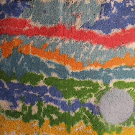 Pigment on recycled paper artwork with horizontal lines of light blue, red, orange, green and dark blue with a light blue circle in the bottom right corner