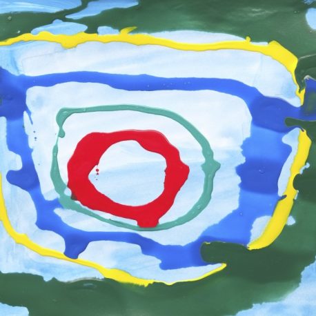 Acrylic on paper artwork with a light blue background.  A large green circle goes around a yellow circle which goes around a dark blue circle which goes around a seafoam circles which goes around a red target in the middle