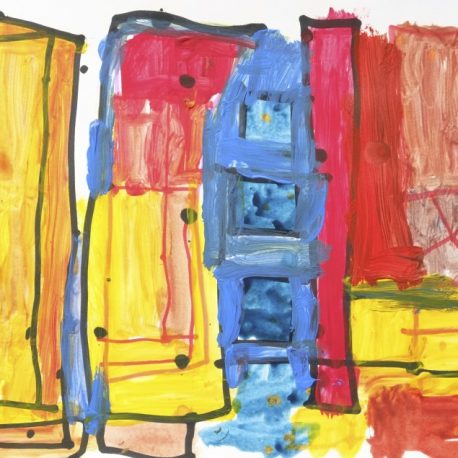Acrylic on paper artwork of yellow, red, blue and orange squares and rectangles outlined in black