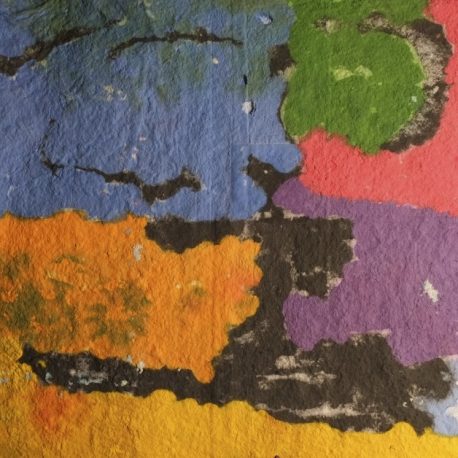 Pigment on recycled paper artwork split into four squares with blue on top left, orange on bottom left, green and red on top right, purple on bottom right with black accents overlaid