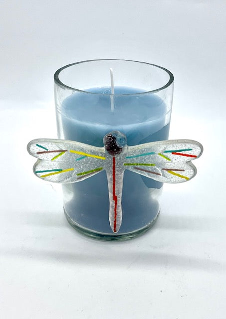 Clear glass with glass dragonfly attached to outside