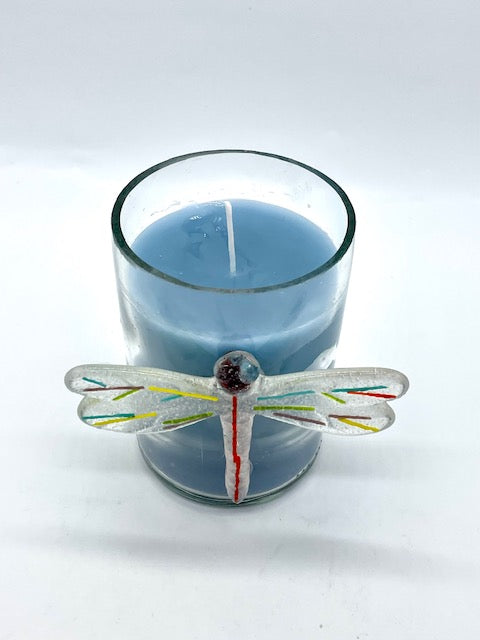 clear glass with glass dragonfly attached to outside