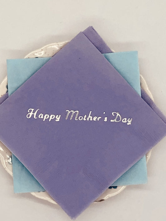 Purple cocktail napkins with silver Happy Mother's Day slogan