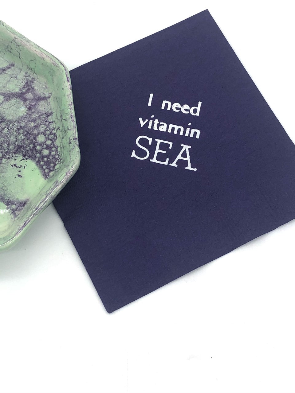 Navy cocktail napkin with silver I need vitamin SEA slogan