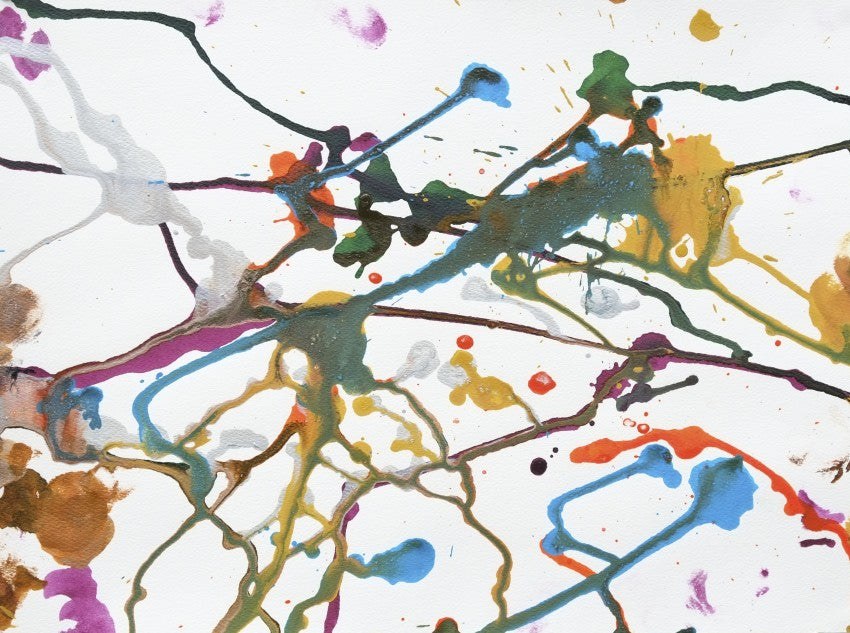 Ink on paper artwork with a mostly white background and pops of purple, blue, gold, and orange drizzled over top