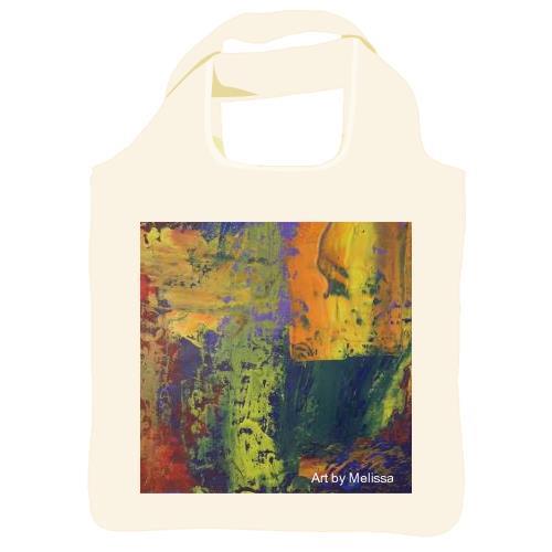 Reusable shopping bag, 16"x16"x4.5" with a squared image on both sides of the bag. The artwork is of a purple and red background beneath vibrant yellow, orange and green paint strokes