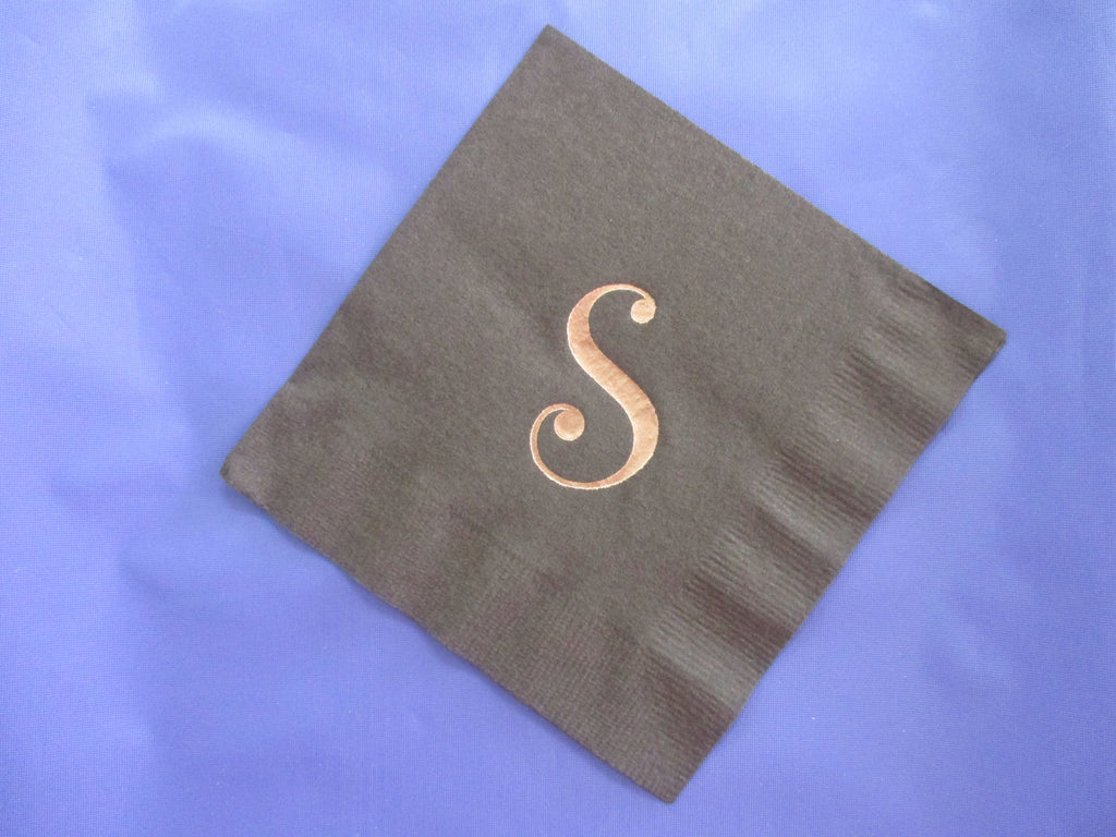 Black cocktail napkins with copper S monogram